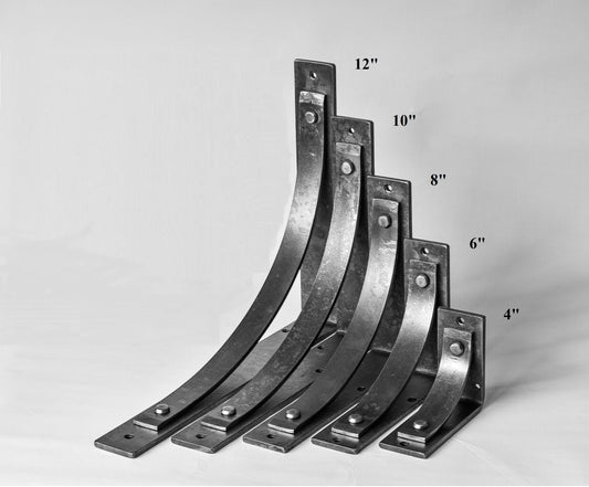 Station Grande brackets available in a range of sizes 4", 6" 8" and 10"...12" are no longer availableRustic, tortured finish of our our 2" wide Station Grande brackets in "forge-finished" which can have clearcoat or linseed oil finish